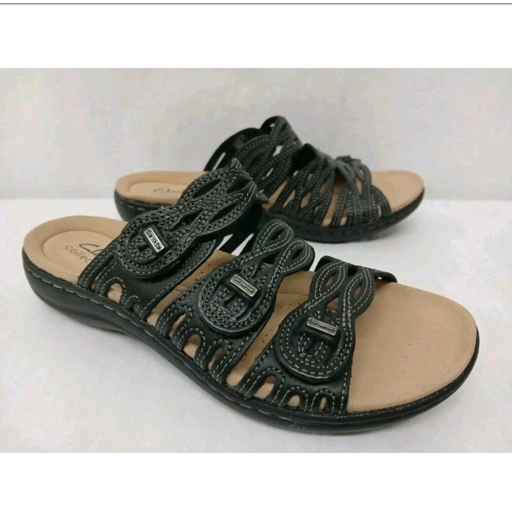 Clarks Collection Women's Laurieann Ruby Black Leather Sandal 26177345 Sz 8W EUC